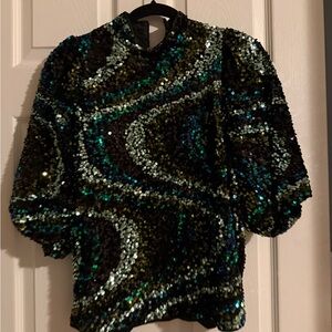 Sequin Puff Sleeve Top in Iridescent Green-Black